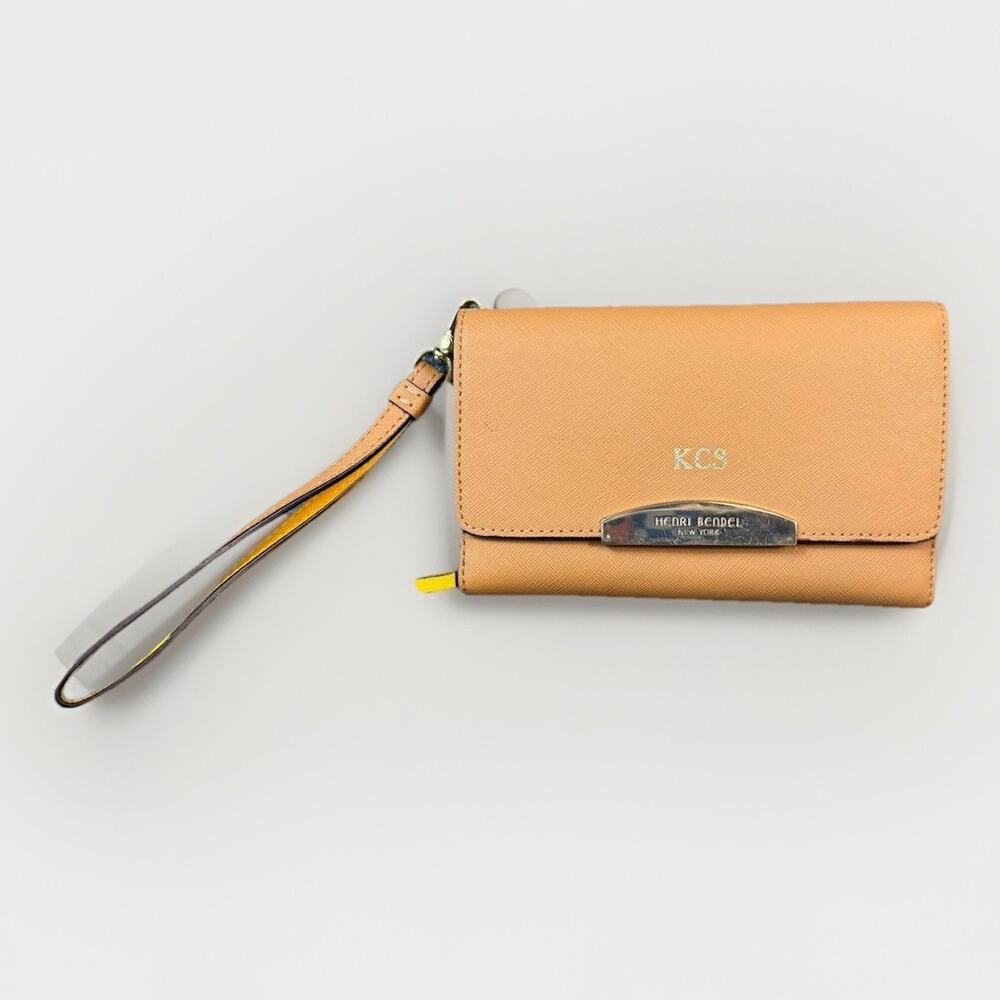 Henri Bendel New York Leather Wristlet Wallet Clutch Brown Yellow KCS